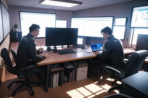 {{three cool guys, video editors sited on the table, freelancers, each backing oneanother, using overpowered monitors, on three seperate desk, camera angle top right}} 