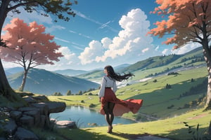 {{innocent girl at grassfield top, admiring the world, bright and colorfull weather, pretty gurl in red and white, curvy, windy nature}} 
