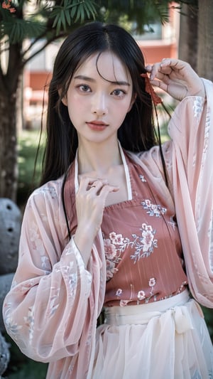 ,(hanfu),(floral print:1.3),(pink see-through shirt),(green see-through print long skirt),(long sleeves),1 girl, half body,(long hair:1.1), (realistic:1.7),((best quality)),absurdres,(ultra high res),(photorealistic:1.6),photorealistic,octane render,(hyperrealistic:1.2), (photorealistic face:1.2), (8k), (4k), (Masterpiece),(realistic skin texture), (illustration, cinematic lighting,wallpaper),( beautiful eyes:1.2),((((perfect face)))),(cute),(closeup),(black hair),black eyes,red lips, outdoors, (chinese style buildings), ,hanfu,perfect