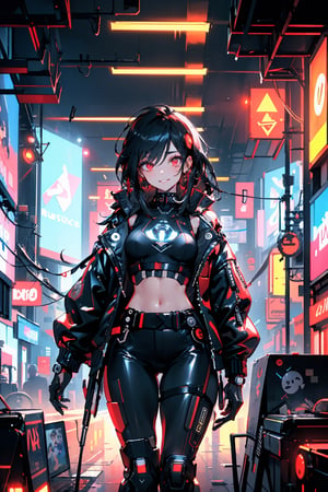 (masterpiece), best quality, 1girl, smile, solo, athletic build, expressive eyes, perfect face, tanned skin, red jacket, black pants, dark blue hair, long hair, straight hair, dark red eyes, red eyeliner, red eyeshadow, 
black crop top, tank top, red jacket, 
small breasts, ((thick thighs)), from the front, 
((cyberpunk setting, cyberpunk room)), neon lights, glowing neon lights, 