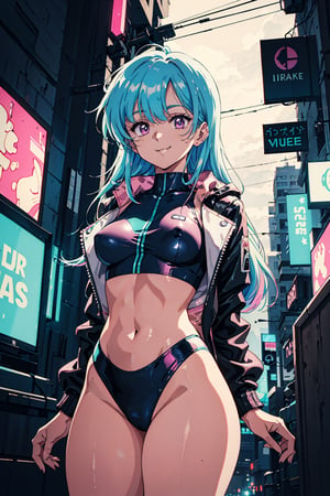 1girl, solo, tan skin, medium brown skin, Pink eyes, looking at viewer, long hair, (iridescent blue hair), ((hands behind back)), medium breasts, naughty smile, thick thighs, from below, purple crop top jacket, leotard, cyberpunk setting, clouds in the distance, cyberpunk cityscape outside window, nighttime, glowing neon lights, glowing neon signs, action shot, cinematic,Colorful,urushihara satoshi