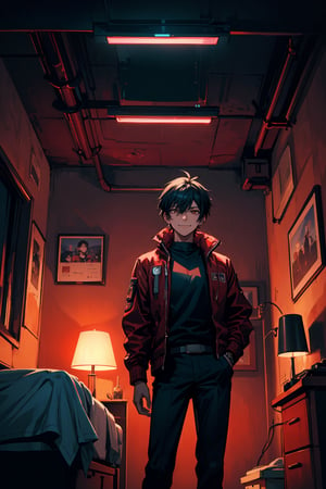 1guy, red jacket, black shirt, black pants, cowboy shot, black hair, brown eyes, smug smile, 
Cyberpunk setting, 
(inside cyberpunk bedroom), ((Nighttime)), glowing neon lights, glowing neon signs, action shot, cinematic,urushihara satoshi