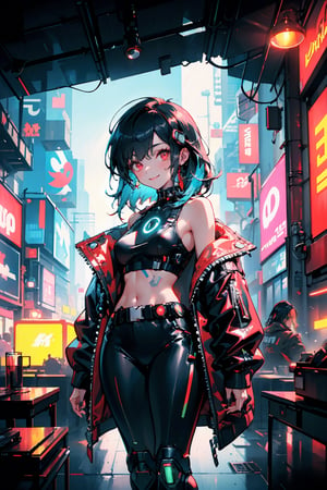 (masterpiece), best quality, 1girl, smile, solo, athletic build, expressive eyes, perfect face, tanned skin, red jacket, black pants, dark blue hair, long hair, straight hair, dark red eyes, black crop top, tank top, small breasts, sideboob, ((thick thighs)), from the front, 
((cyberpunk setting, cyberpunk room)), neon lights, glowing neon lights, 