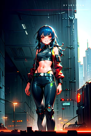 (masterpiece), best quality, 1girl, standing, smile, solo, athletic build, expressive eyes, perfect face, tanned skin, red jacket, black pants, dark blue hair, long hair, straight hair, dark red eyes, black crop top, tank top, small breasts, sideboob, thick thighs, from the front, 
((cyberpunk setting, cyberpunk room)), neon lights, glowing neon lights,