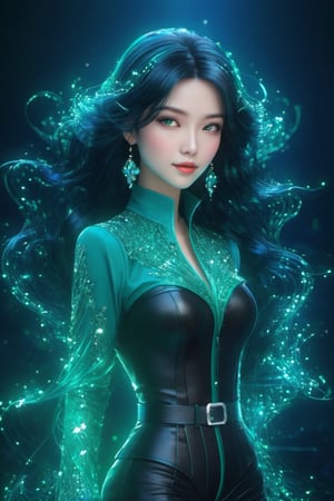 Create an enchanting illustration featuring a character adorned in a sparkling mechanical glove. The character possesses long, wavy black hair without fringes, cascading gracefully. They wear a stylish ensemble consisting of a blue shirt paired with black shorts and boots, providing a sleek and modern appearance. Their eyes, a mesmerizing shade of green, add a captivating touch. Surround the character with a magical atmosphere, emphasizing the mystical aura that emanates from the scene.

she gently touches the bud, and to her amazement, it immediately bursts into full bloom, releasing a burst of vibrant colors and sweet fragrance.