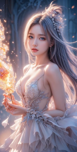 (masterpiece, top quality, best quality, official art, beautiful and aesthetic:1.2), (1girl), extreme detailed,(abstract, fractal art:1.3),colorful hair,highest detailed, detailed_eyes, fire, water, ice, lightning, light_particles, ghost sexy battle dress ,beatiful lines,resolute eyes,nude,no_clothes,naked,flower,detailed face, detailed eyes,