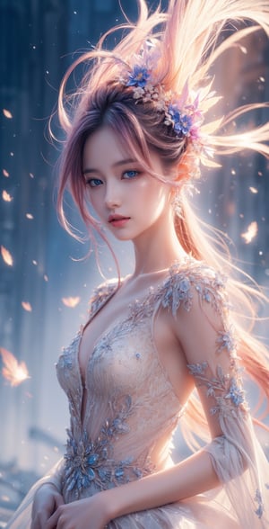 (masterpiece, top quality, best quality, official art, beautiful and aesthetic:1.2), (1girl), extreme detailed,(abstract, fractal art:1.3),colorful hair,highest detailed, detailed_eyes, fire, water, ice, lightning, light_particles, ghost sexy battle dress ,beatiful lines,resolute eyes,nude,no_clothes,naked,flower,detailed face, detailed eyes,