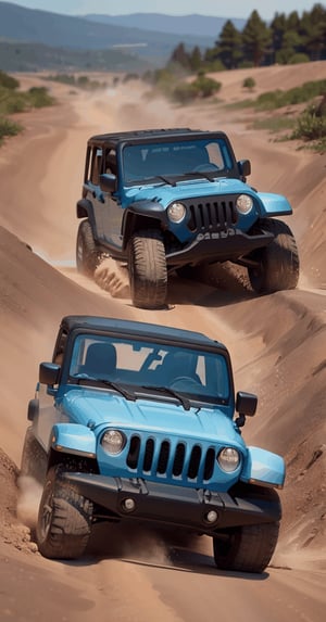 best quality, masterpiece, realistic, blue Jeep Wrangler. one jeep, rolling over a rough trail, spinning tires, dirt,FFIXBG