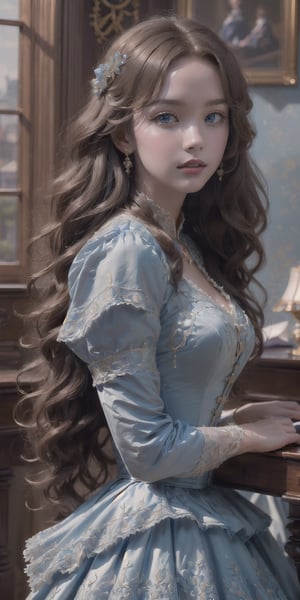 upper_body, (((masterpiece))), (((best quality,  realistic)))
((ultra-detailed)),  (detailed light)
((an extremely delicate and beautiful))
(beautiful intricate blue eyes, beautiful face:1.3), soft lighting
Long_hair, brown wavy hair, ((vintage dress 1885, extreme detail)),voldress,VICTORIAN DRESS
