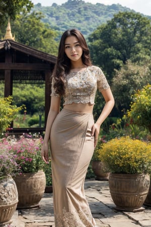 masterpiece, best resolution, best quality, ultra detailed, sole_female, long hair, upper body shot, sunny day, outdoor, standing and looking at the viewer, pose for photoshot, feminine figures,  beautiful, garden background,  8k, full HD, acmm ss outfit, Myanmar,