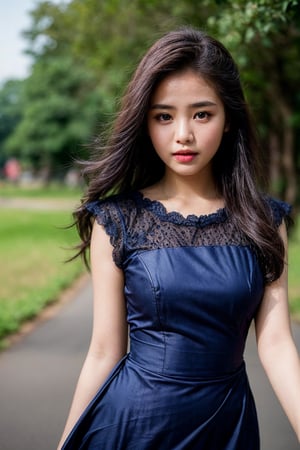 {{best quality}}, {{masterpiece}}, {{ultra-detailed}}, {illustration}, {detailed light}, {an extremely delicate and beautiful}, a girl,  messy floating hair, navy blue colored dress, standing and looking at the viewer,  feminine , outdoor, sun light, depth of field,acmm ss outfit,Myanmar