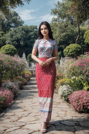 masterpiece, best illustration, best quality, ultra detailed, sole_female, long hair, sunny day, outdoor, standing and looking at the viewer, pose for photoshot, feminine figures,  beautiful, garden background,  8k, full HD, acmm ss outfit, Myanmar,