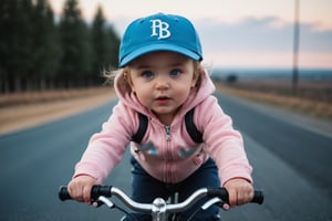 cinematic film still ((BBC Style)) picture of cute baby girl, riding a bike, at highway, baseball cap, sweat pants, hoodie, balck skin, blue eyes, shallow depth of field, vignette, highly detailed, high budget, bokeh, cinemascope, moody, epic, gorgeous, film grain, grainy, high quality photography, 3 point lighting, flash with softbox, 4k, Canon EOS R3, hdr, smooth, sharp focus, high resolution, award winning action photo, jumping photo, 50mm, wide angle shot, looking_away from the camera, full_length, f2.8, bokeh , side_view
