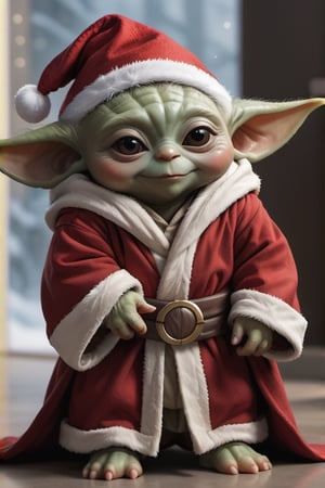 Generate a hyper-realistic illustration of a smiling and adorable baby Yoda from Star Wars. Present a full-body shot with Baby Yoda wearing a festive Santa hat and a red-and-white Jedi robe. Pay meticulous attention to capturing the charming features of Baby Yoda, focusing on his endearing expression and signature features. Set the scene against an abstract background, incorporating elements that enhance the holiday spirit. Ensure the overall composition showcases a seamless blend of hyper-realism and festive whimsy, capturing the essence of the beloved character in a visually striking and heartwarming manner