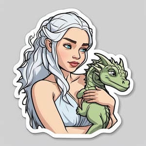  sticker,sexy daenerys targaryen,breast feeding a baby dragon,cartoon,outlines ,realistic,white background,  