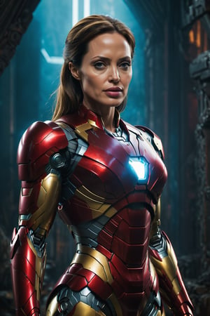 Iron Man, Angelina Jolie, Sexy, chromatic_background, full body portrait, dim volumetric lighting, 8k octane beautifully detailed render, post-processing, portrait, extremely hyper-detailed, intricate, epic composition, cinematic lighting, masterpiece, very very detailed, masterpiece, stunning Detailed matte painting, deep color, fantastical, intricate detail, splash screen, complementary colors, fantasy concept art, 8k resolution trending on Artstation Unreal Engine 5, chiaroscuro, bioluminescent, Volumetric light, auras, rays, vivid colors.,1girl,more detail XL