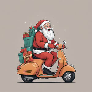 Excellence masterpice T-shirt design illustration, santa claus riding vespa wits a basket of presents in the back, sharper, clean lines, outline, muted colors, minimum details, minimal detalled,tshirt design, transparent_background