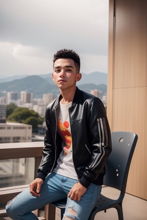 Create a cartoon-style illustration featuring a Timorese boy wearing an unzipped black jacket, a white t-shirt with an ethnical pattern, short jeans, and canvas shoes. Depict the boy seated on a chair, casually smoking and chilling. Emphasize the relaxed and carefree atmosphere, ensuring the ethnical pattern on the t-shirt is visible. Use vibrant colors to bring out the cartoon style and capture the essence of the scene,photorealistic