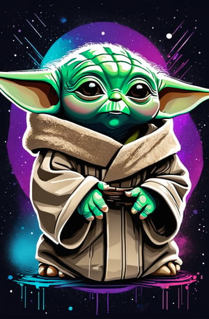Generate a captivating T-shirt design featuring a realistic portrayal of Baby Yoda's head as the focal point. Surround the character with a futuristic and abstract background, incorporating elements like holographic patterns, geometric shapes, or a galaxy-inspired motif. Infuse the design with a sense of wonder and mystery, aligning with a futuristic theme. Opt for a cool color palette, including deep blues, purples, and teals for the background, and maintain Baby Yoda's signature green skin and expressive eyes. Prioritize a realistic rendering of Baby Yoda's features to evoke authenticity. Ensure a balanced composition that seamlessly blends the character with the abstract elements