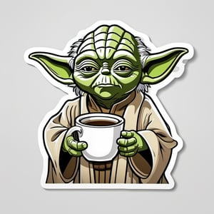  sticker,yoda drinking a cup of coffee,cartoon,outlines ,realistic,white background,  