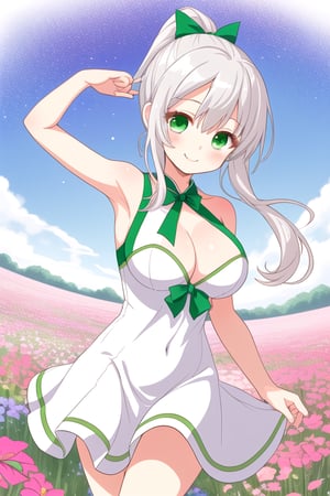 lovely innocent playful girl, long straight wavy sliver ponytail hair, cute celestial ribbon, emerald eyes, large breasts, young hot innocent body, cute radiant playful colorful short dress, innocent friendly pose, innocent sweet smile, cute flower field background