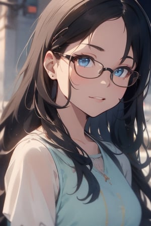 1girl, long black hair, blue eyes,beautiful face,,glasses. wearing plain light blue dress, on a date, absurdres, high res, ultrasharp, 8K, masterpiece, looking at viewer,ChineseWatercolorPainting,1 girl,EpicArt,raidenshogundef,suguha ,breakdomain