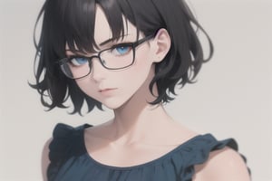 1girl, short black hair, blue eyes, glasses. wearing plain light blue dress, absurdres, high res, ultrasharp, 8K, masterpiece, looking at viewer