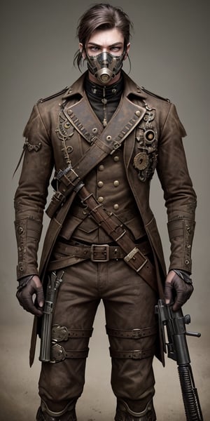 steampunk soldier, oxigen mask,handsome,holding a lot of weapons, a long Scar cross eye on one side 