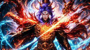 Messimo of Ellen Ring, Generate an image of mysterious wuxia demigod semi devil, sharp eyes, fire around his body, emitting countless strands of Violet Qi throughout wizard's body. A brutally powerful aura appeared within his physical body and grew more powerful, his Spiritual Sense expanded, and most obviously, the Blood Clone and the Blood Death World he was within slowly began to grow stronger, dynamic pose, masterpiece, fantasy, intricate details, very high quality, 4k, high_resolution, sharp focus, vivid color, magic, qi, cakra,  cinematic front lighting, front light,  Ethereal background,Kamehameha,correct fingers, good fingers, complete fingers,