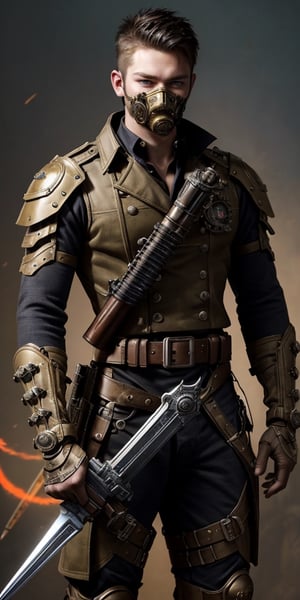 steampunk male soldier, oxigen mask,handsome, sharp eyes,,holding a lot of weapons ,(huge lighted weapons),idol face,strong,23yo,