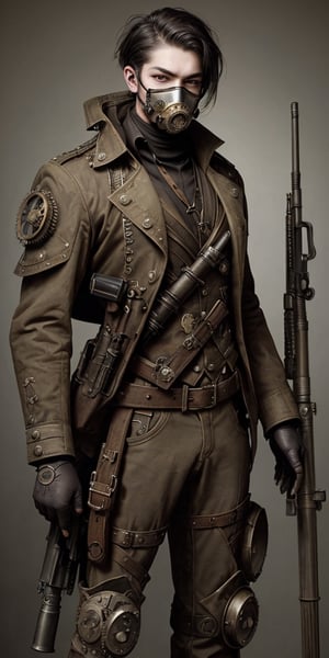 steampunk soldier, oxigen mask,handsome,holding a lot of weapons 