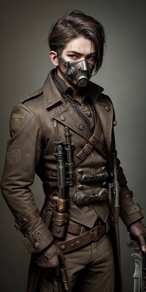 steampunk soldier, oxigen mask,handsome,holding a lot of weapons, a long Scar cross eye on one side 