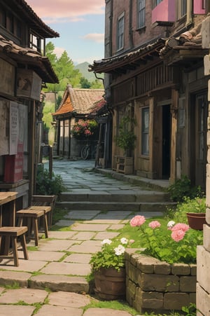 a picturesque local market of ancient city . The first light of day illuminates the stone facades and worn tiles of the houses and buildings, some of which date back centuries. At the center of the scene, a cobblestone square leads to an open-air market that begins to come to life, with vendors setting up their stalls selling fruits, vegetables, flowers and local crafts. The narrow, winding streets are lined with old lanterns, now unlit, while lazy cats lounge on the stone steps. In one corner, an ancient fountain, adorned with weathered carvings, murmurs softly, adding to the tranquil atmosphere. In the background, the towers of an ancient cathedral rise, capturing the first rays of sunlight that paint the sky in soft pinks and oranges. This image should convey a sense of tranquility, beauty and a deep connection to the past, celebrating the rich history and timeless charm of the ancient village or town,TreeAIv2,Studio Ghibli,LOFI,cute cats,
