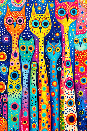 An array of elongated, abstract creatures with vibrant colors and unique patterns. These creatures have eyes of varying sizes and colors, and their bodies are adorned with dots, stripes, and other intricate designs. They seem to be standing close together, creating a sense of unity or community. The background is a mix of light colors with speckles, adding to the whimsical and dreamy atmosphere of the artwork.