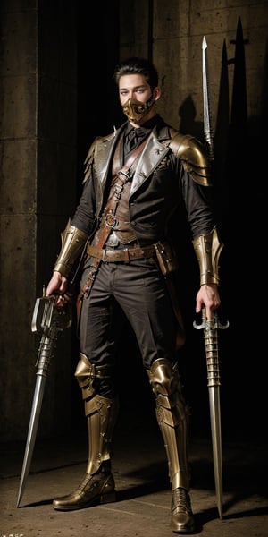 steampunk male soldier, oxigen mask,handsome, sharp eyes,,holding a lot of weapons ,( huge weapons),idol face, ,flash