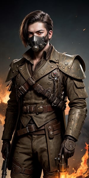 steampunk soldier, oxigen mask,handsome,holding a lot of weapons,  fire,lights  ,