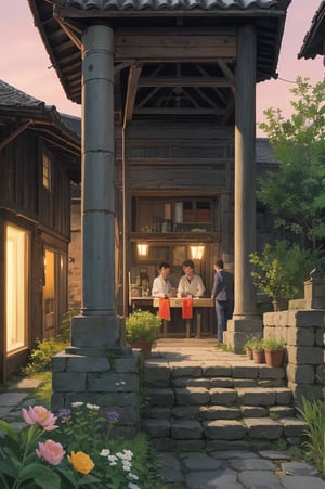 a picturesque village or ancient city at dawn. The first light of day illuminates the stone facades and worn tiles of the houses and buildings, some of which date back centuries. At the center of the scene, a cobblestone square leads to an open-air market that begins to come to life, with vendors setting up their stalls selling fruits, vegetables, flowers and local crafts. The narrow, winding streets are lined with old lanterns, now unlit, while lazy cats lounge on the stone steps. In one corner, an ancient fountain, adorned with weathered carvings, murmurs softly, adding to the tranquil atmosphere. In the background, the towers of an ancient cathedral rise, capturing the first rays of sunlight that paint the sky in soft pinks and oranges. This image should convey a sense of tranquility, beauty and a deep connection to the past, celebrating the rich history and timeless charm of the ancient village or town,TreeAIv2,Studio Ghibli,LOFI