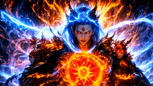Messimo of Ellen Ring, Generate an image of mysterious wuxia demigod semi devil, sharp eyes, fire around his body, emitting countless strands of Violet Qi throughout wizard's body. A brutally powerful aura appeared within his physical body and grew more powerful, his Spiritual Sense expanded, and most obviously, the Blood Clone and the Blood Death World he was within slowly began to grow stronger, dynamic pose, masterpiece, fantasy, intricate details, very high quality, 4k, high_resolution, sharp focus, vivid color, magic, qi, cakra,  cinematic front lighting, front light,  Ethereal background,Kamehameha,