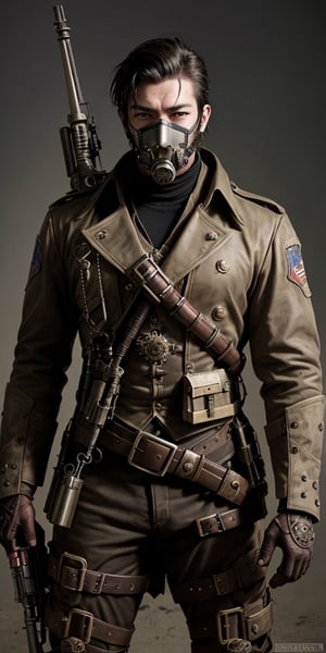 steampunk soldier, oxigen mask,handsome,strong,holding a lot of weapons,  