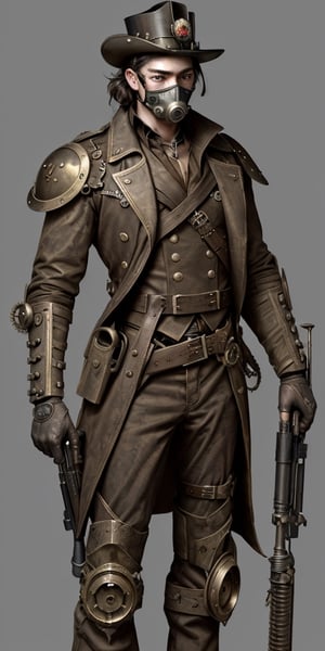 steampunk soldier, oxigen mask,handsome,holding a lot of weapons ,huge weapons, 