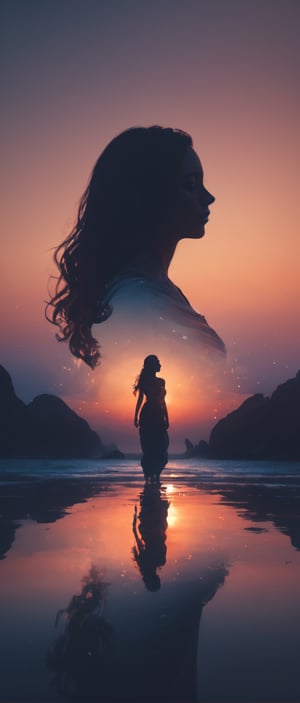 high quality, 8K Ultra HD, double exposure, beautifully designed goddess silhouette and sunset coast, minimalist, crisp lines, awesome full color,Enhanced All