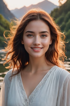 (best quality, 8k, highres, masterpiece:1.2), photorealistic, ultra-detailed, vibrant photography of a woman in nature, cute smile, dramatic lighting, finely detailed beautiful eyes, fine detailed skin, Natural scenery, majestic landscape, colorful flowers, distant mountains, flowing rivers, melting sunset, serene atmosphere, dazzling sunlight, blissful vibes, freckled face, luscious greenery, soft breeze, ethereal beauty