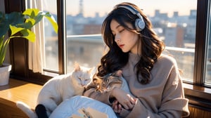 (1girl), ((beautiful eyes, long wavy hairs, brown hair, Hair tousled by the breeze)),
a peaceful and relaxing scene, with a girl listening to music on her headphones, sitting on a windowsill overlooking a city, with soft colors and warm lighting, some plants and books around her, and a cat sleeping on her lap