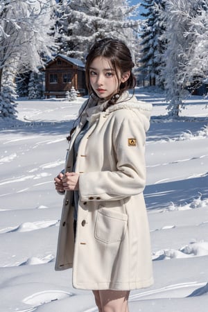 (best quality,  masterpiece:1.2), ultra detailed, (photo realistic:1.4), solo, cute girl, fluffy coat, snow_scene_background,,snow_scene_background