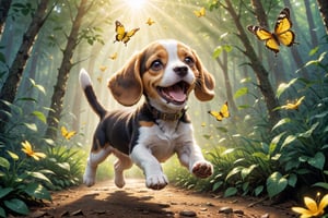 A beagle puppy, with its floppy ears and joyful expression, leaps through the air in an attempt to catch a bright yellow butterfly flitting just out of reach. The puppy's paws are outstretched, and its tail wags excitedly as it chases the butterfly through a sun-dappled forest.

