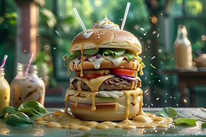 (+18) , nsfw, 

 cheeseburger splashed into a pool of milkshake, 
Best quality,masterpiece,ultra high res,booth,,food focus,still life,food,simple background,green background,,