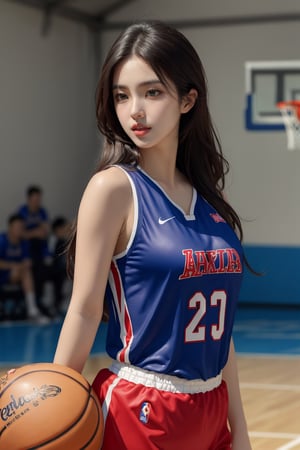 masterpiece, best quality, highly detailed, long hair, photorealistic, breasts, basketball outfit