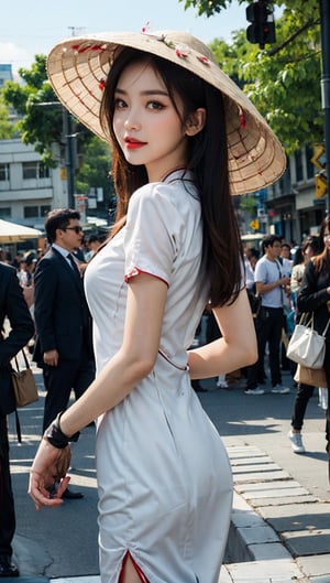 JinxLol,mature female,1girl, solo,looking at viewer, gloves, fingerless gloves, Ao Dai,Nón Lá, Nón, Leaf hats,
character name, looking at viewer, outdoors,lora:JinxLolEp8dim8:1, lora:JinxLol:1,Vietnamese Ao Dai, JeeSoo ,futureaodai,hat,vnbeauty,The background is Ho Chi Minh City's traveler's street.