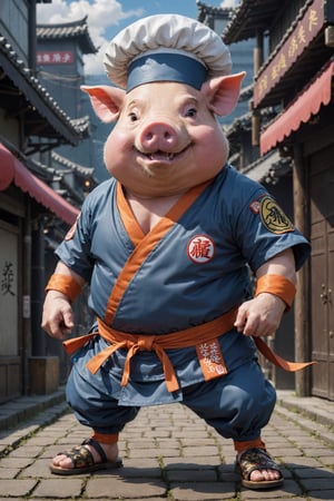 Real shot of a pig wearing a chef's hat and an apron, ((dwarf)), referring to the anime "Dragon Ball", he is wearing ((Japanese kimono)), ((Japanese clogs))), and carrying ((tortoise shell) )))). fighting pose,futuristic background,highly detailed,high resolution,intricate detail,action_pose,kung fu pose,best quality,masterpiece,,MikieHara,ABMavatar,anime,cyberpunk style,(hyperrealistic picture)
((whole body)), (viewed from a distance).