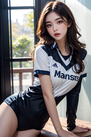 beautiful 1women,wearing sports uniform, TEN written on shirt,masterpiece,highly detailed,Colorful portraits,sexy,seducing,leaning,medium breast,cleavage